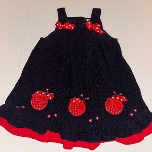 Rare, Too! Navy Corduroy Ladybug Dress Girls Size 4T Polka Dots Applique Ribbon